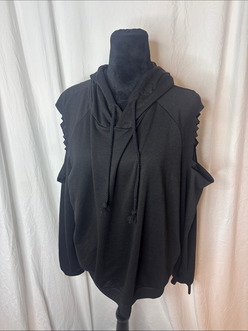 SHEIN Black Cold-Shoulder Hoodie with Braided Drawstrings